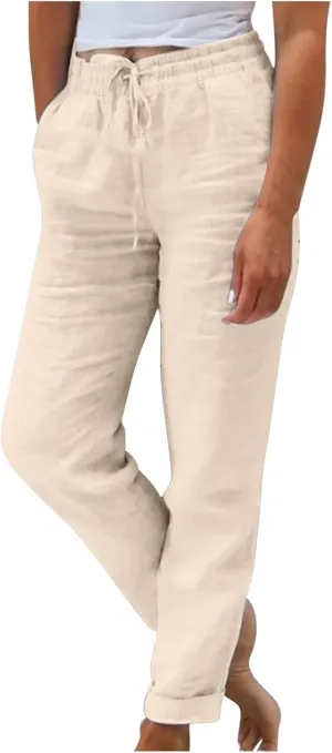 SHOPESSA Linen Pants for Women Drawstring high Waisted Capris with Pockets Solid Color Ladies capriswomen Linen Pants