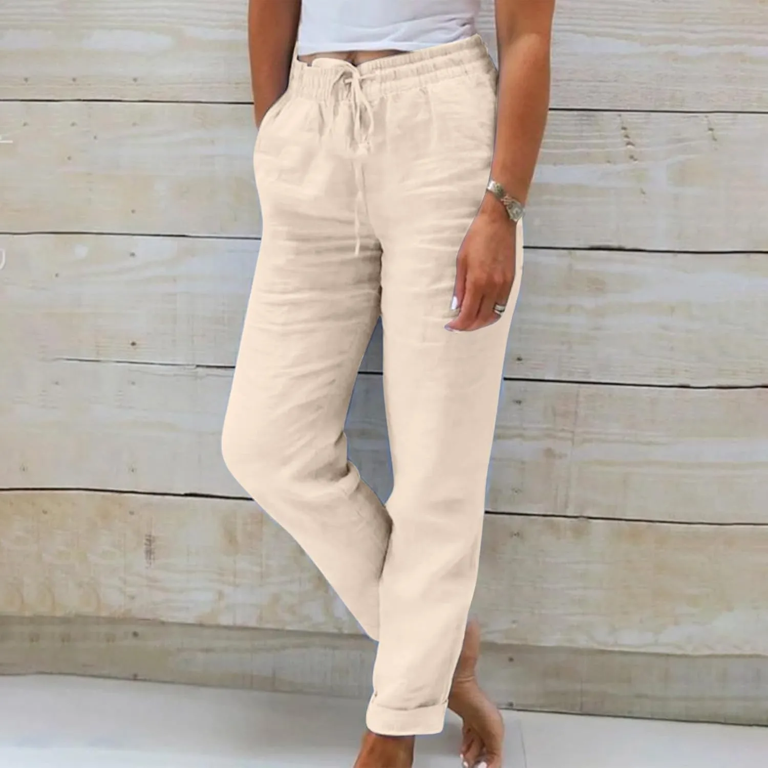 SHOPESSA Linen Pants for Women Drawstring high Waisted Capris with Pockets Solid Color Ladies capriswomen Linen Pants