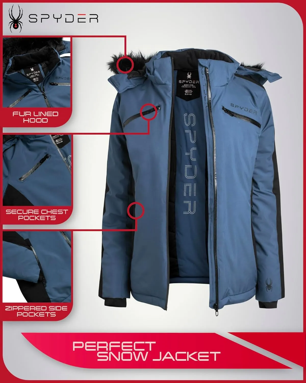 Spyder Women's Snow Jacket - Color Block Quilted Weatherproof Winter Ski Jacket for Women with Detachable Hood (Sizes: S-XL)