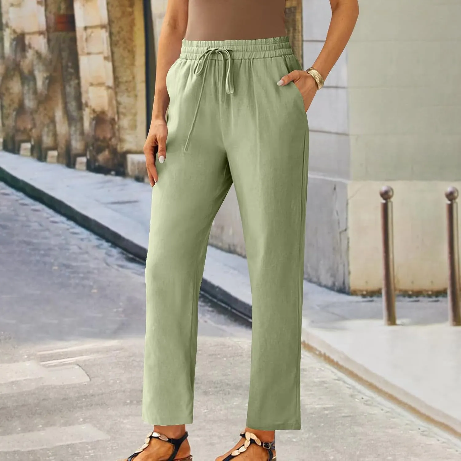 Straight Leg Linen Pants for Women Soft Casual Drawstring Tie Elastic Waist Loose Pant Pocketed Summer Beach Trouser