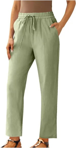 Straight Leg Linen Pants for Women Soft Casual Drawstring Tie Elastic Waist Loose Pant Pocketed Summer Beach Trouser