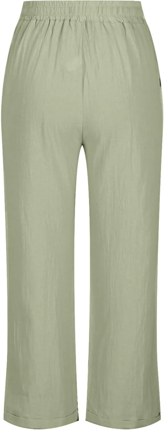 Straight Leg Linen Pants for Women Soft Casual Drawstring Tie Elastic Waist Loose Pant Pocketed Summer Beach Trouser