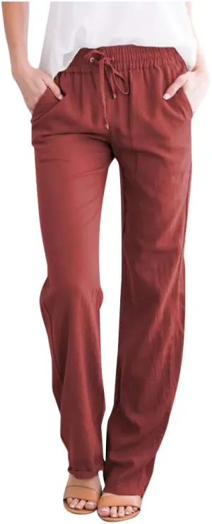 Summer Beach Linen Pants for Women Casual Drawstring Elastic Waist Pants Wide Leg Trousers with Pockets