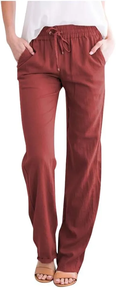 Summer Beach Linen Pants for Women Casual Drawstring Elastic Waist Pants Wide Leg Trousers with Pockets