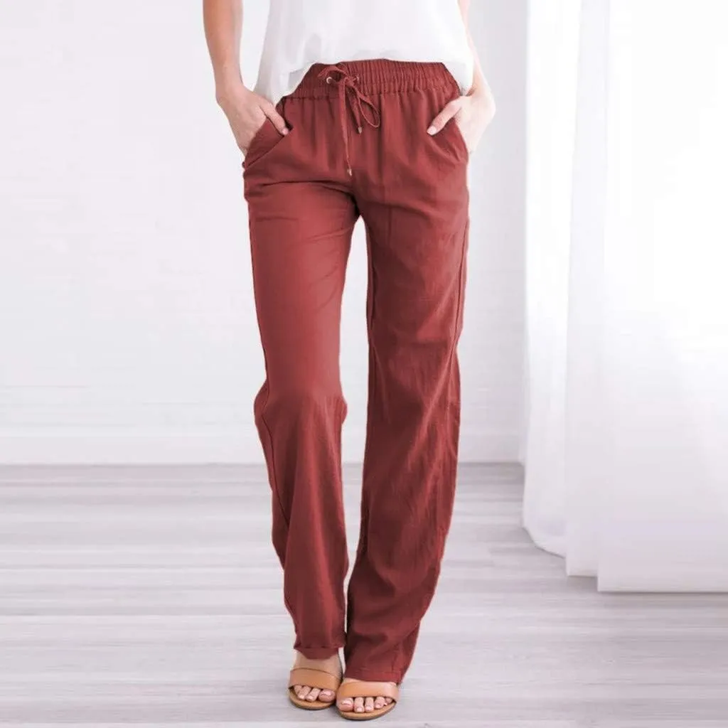 Summer Beach Linen Pants for Women Casual Drawstring Elastic Waist Pants Wide Leg Trousers with Pockets