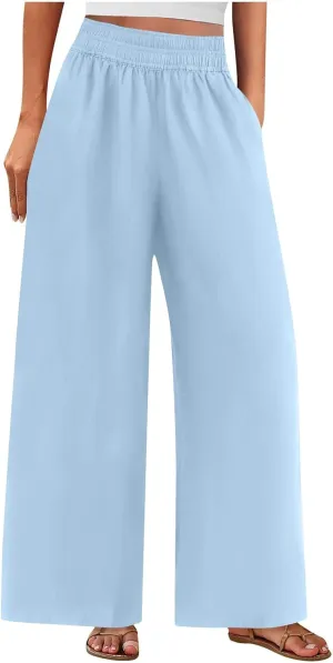 Summer Casual Loose Wide Leg Palazzo Pants for Womens Spring Linen Pants High Waist Flowy Beach Trousers Outfits