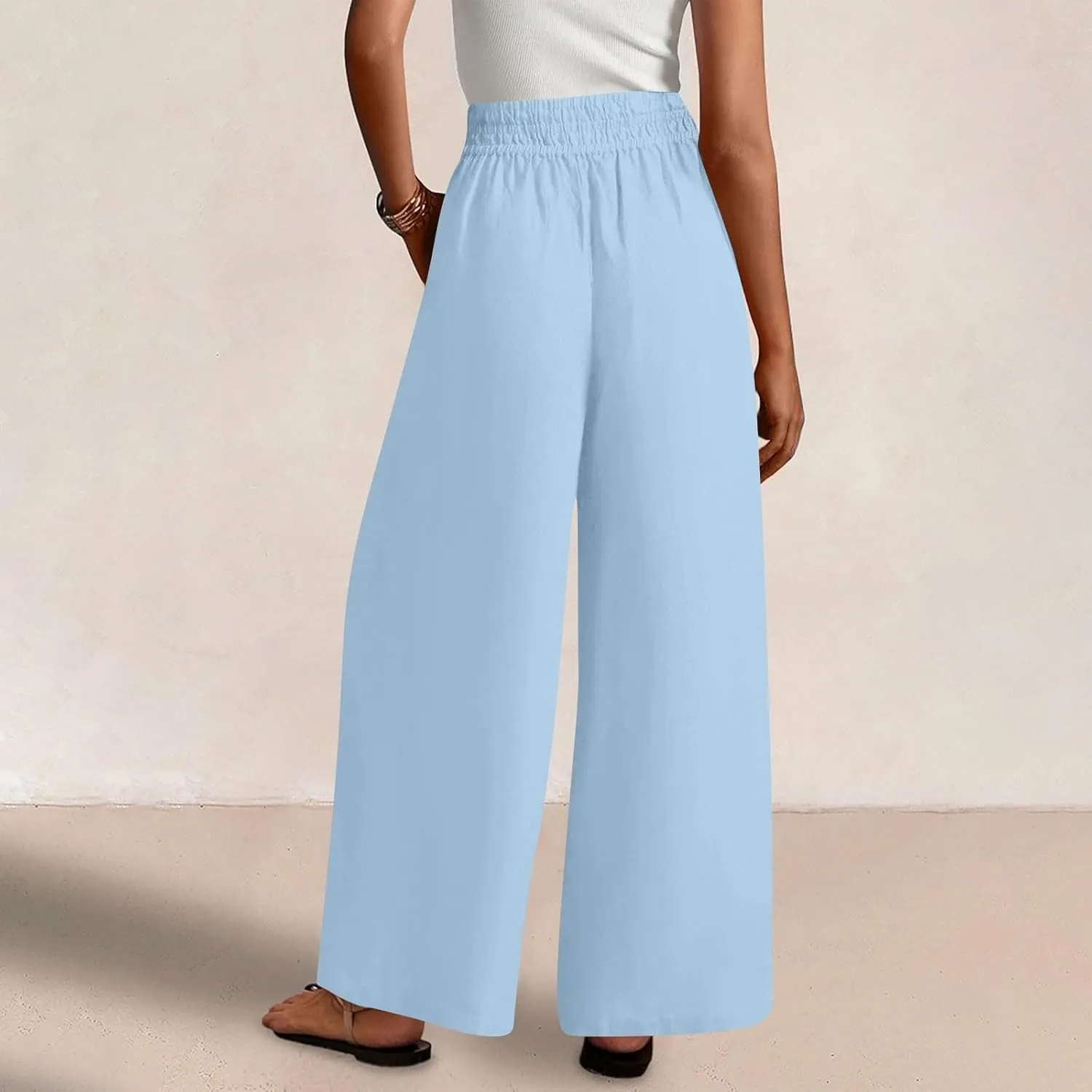 Summer Casual Loose Wide Leg Palazzo Pants for Womens Spring Linen Pants High Waist Flowy Beach Trousers Outfits