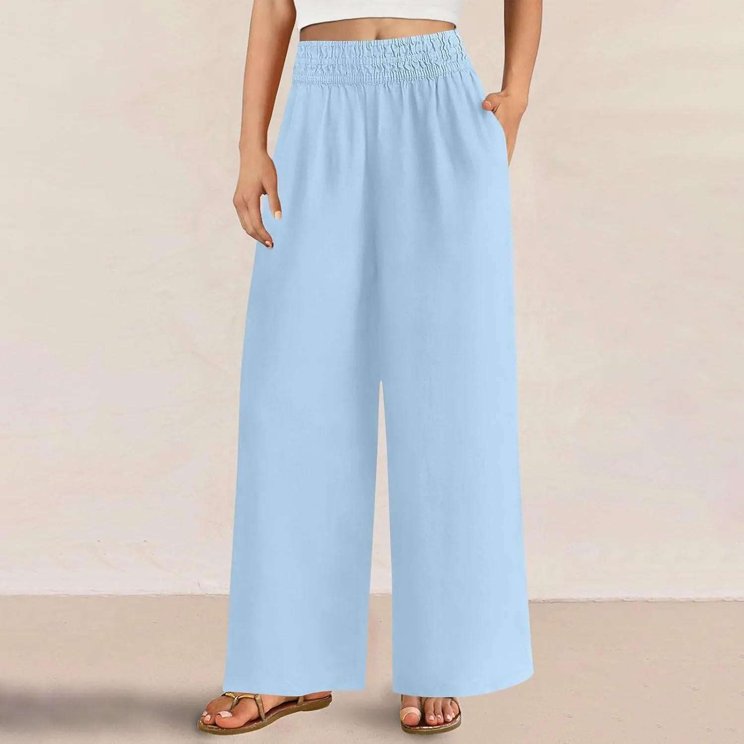 Summer Casual Loose Wide Leg Palazzo Pants for Womens Spring Linen Pants High Waist Flowy Beach Trousers Outfits
