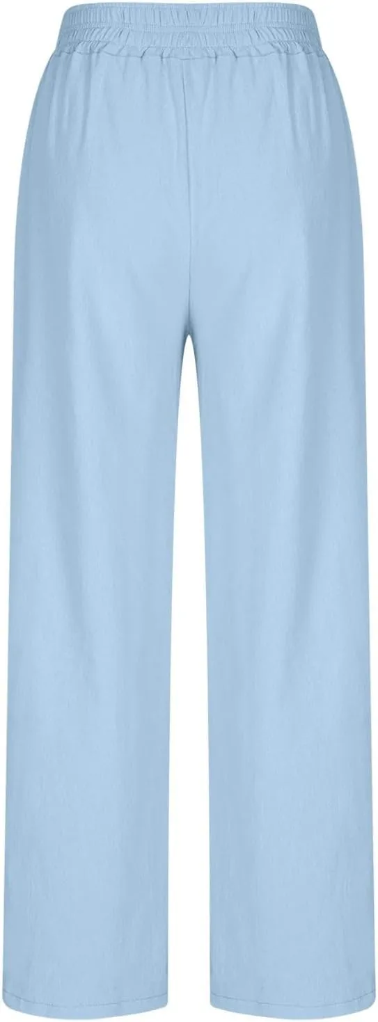 Summer Casual Loose Wide Leg Palazzo Pants for Womens Spring Linen Pants High Waist Flowy Beach Trousers Outfits