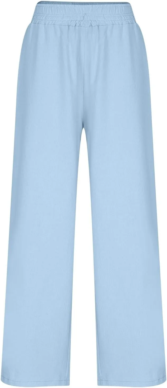 Summer Casual Loose Wide Leg Palazzo Pants for Womens Spring Linen Pants High Waist Flowy Beach Trousers Outfits