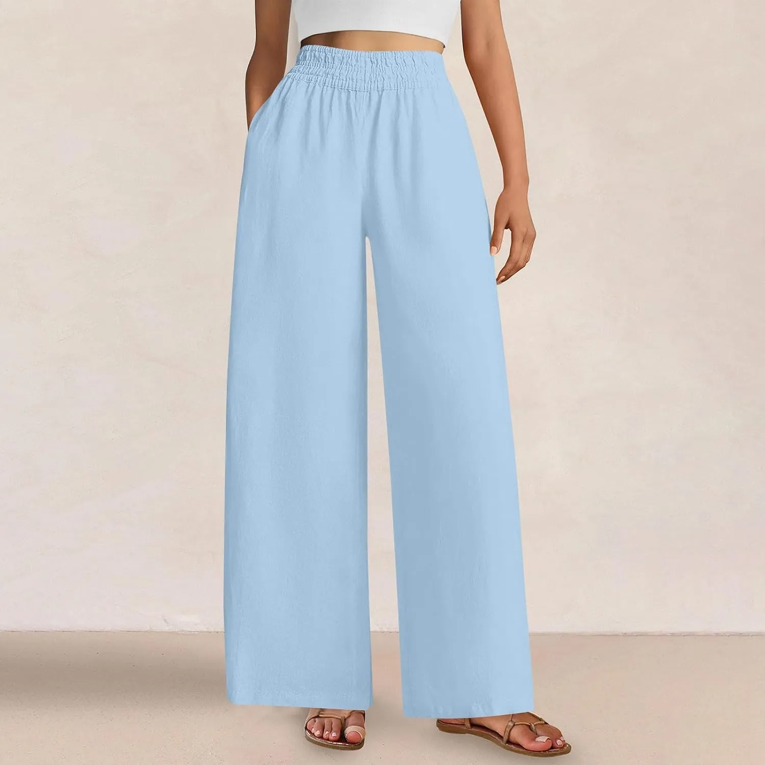 Summer Casual Loose Wide Leg Palazzo Pants for Womens Spring Linen Pants High Waist Flowy Beach Trousers Outfits