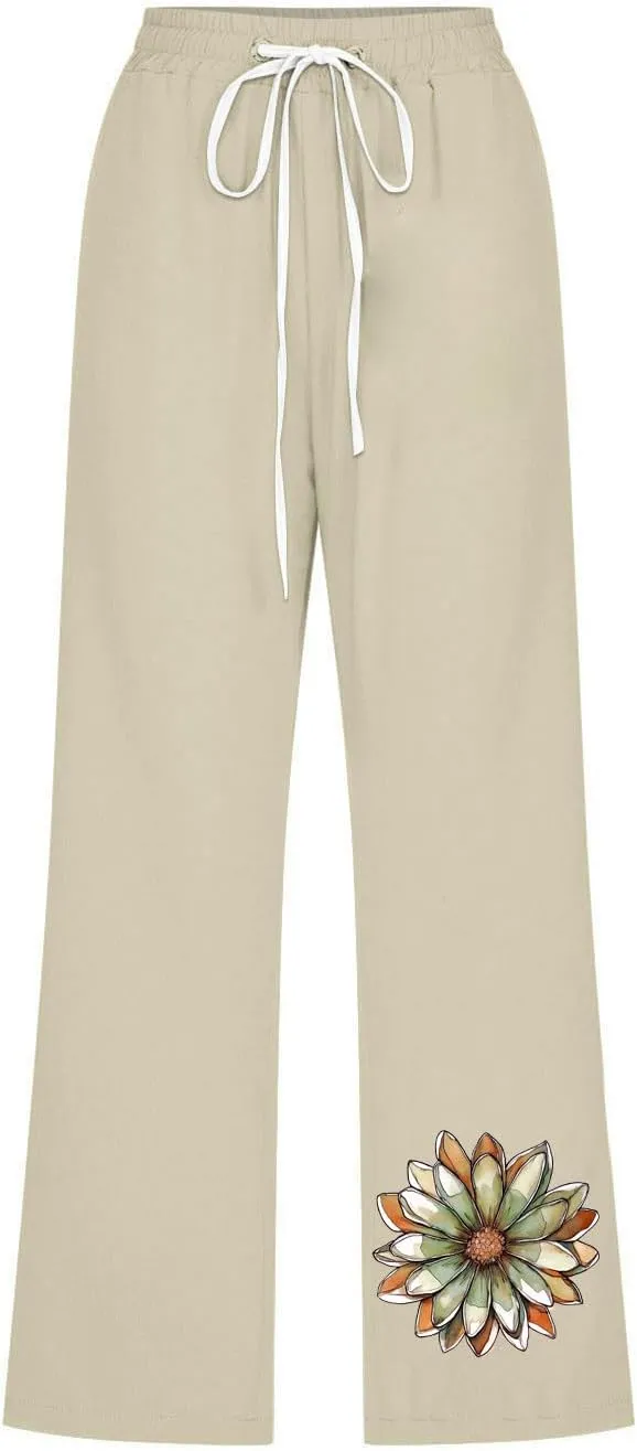 Summer Linen Capri Pants for Women Casual Floral Print Elastic High Waist Pant Straight Leg Cropped Trousers