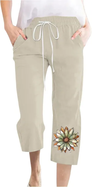 Summer Linen Capri Pants for Women Casual Floral Print Elastic High Waist Pant Straight Leg Cropped Trousers