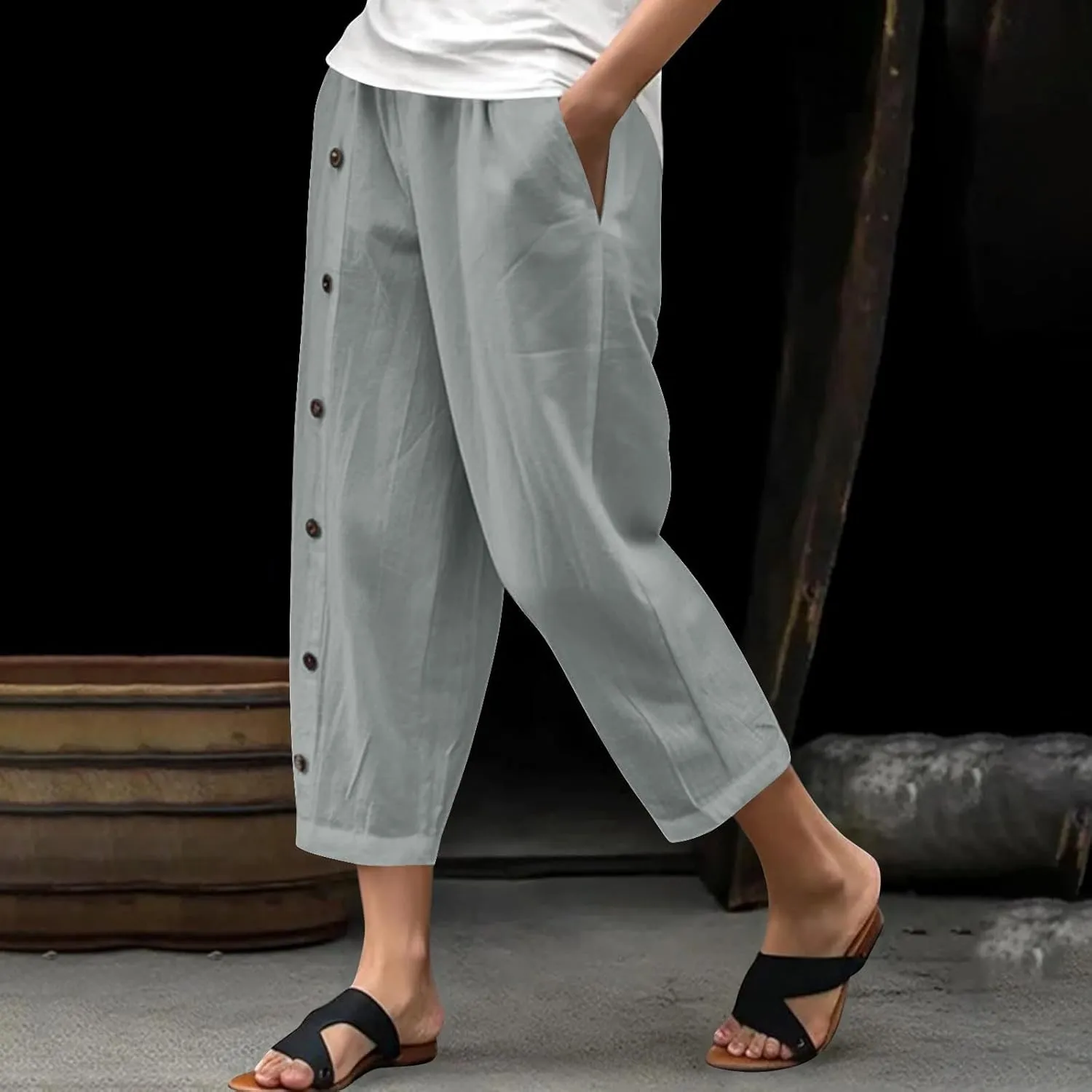 Summer Linen Cropped Trousers for Women Trendy Capris High Waist Straight Wide Leg Beach Pants Loose Slacks