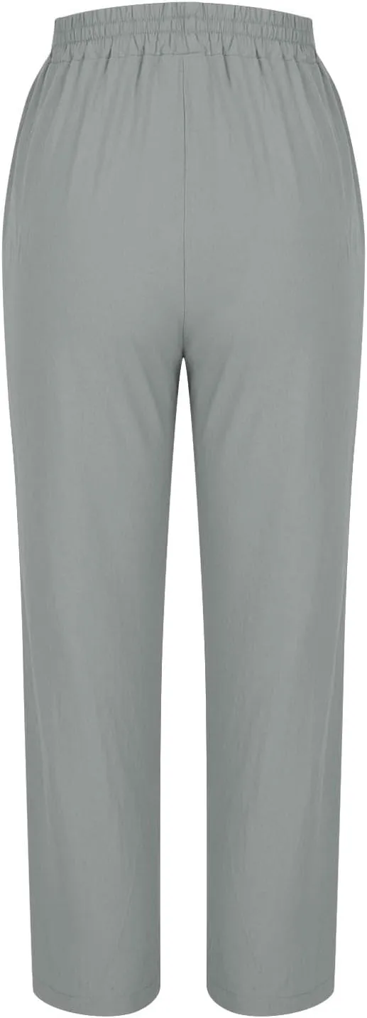 Summer Linen Cropped Trousers for Women Trendy Capris High Waist Straight Wide Leg Beach Pants Loose Slacks