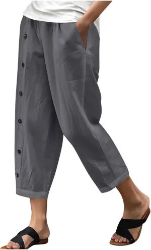 Summer Linen Cropped Trousers for Women Trendy Capris High Waist Straight Wide Leg Beach Pants Loose Slacks