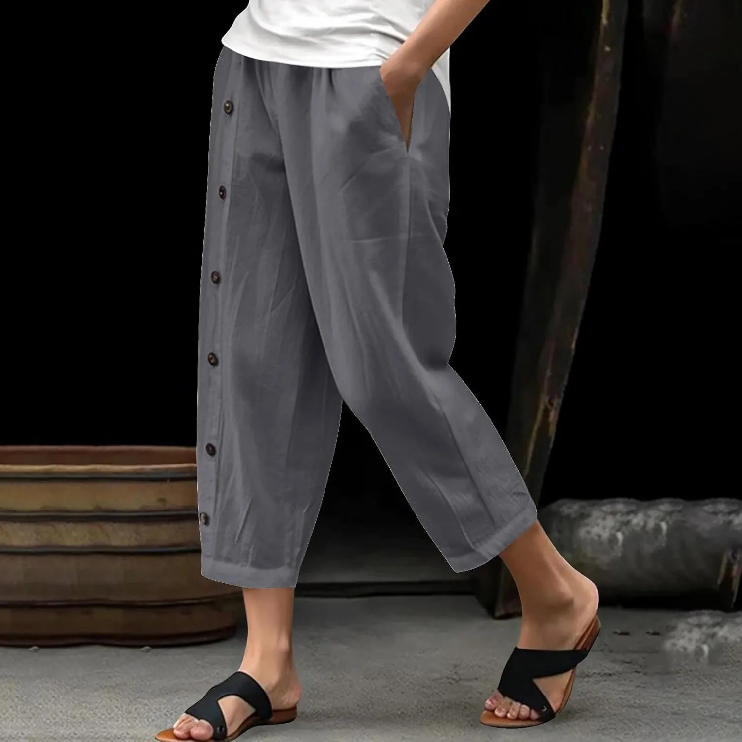 Summer Linen Cropped Trousers for Women Trendy Capris High Waist Straight Wide Leg Beach Pants Loose Slacks