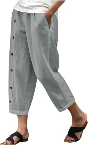 Summer Linen Cropped Trousers for Women Trendy Capris High Waist Straight Wide Leg Beach Pants Loose Slacks