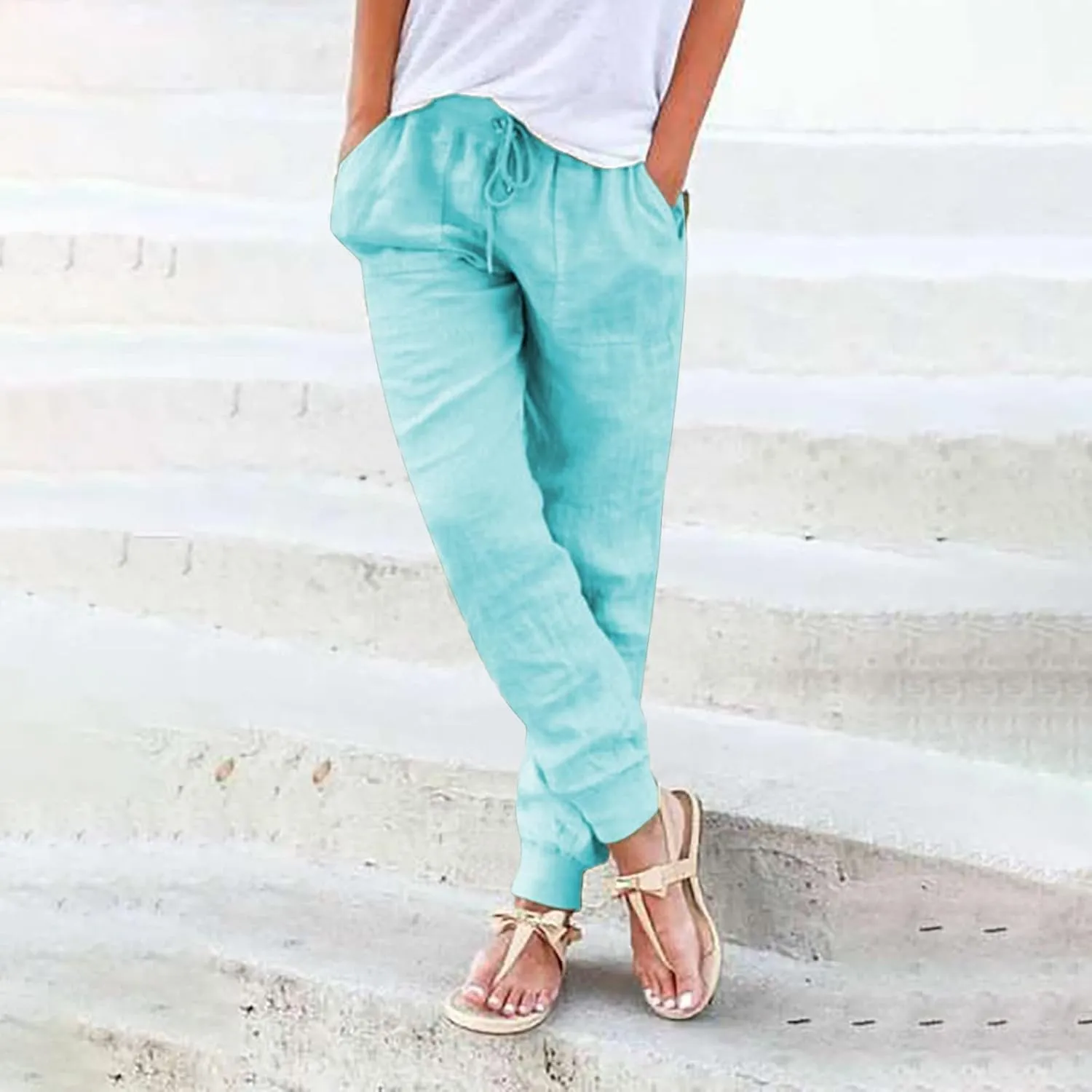 Summer Linen Pants For Women 2024 Pants Straight Leg Beach Pants Drawstring High Waist Comfy Trousers with Pockets