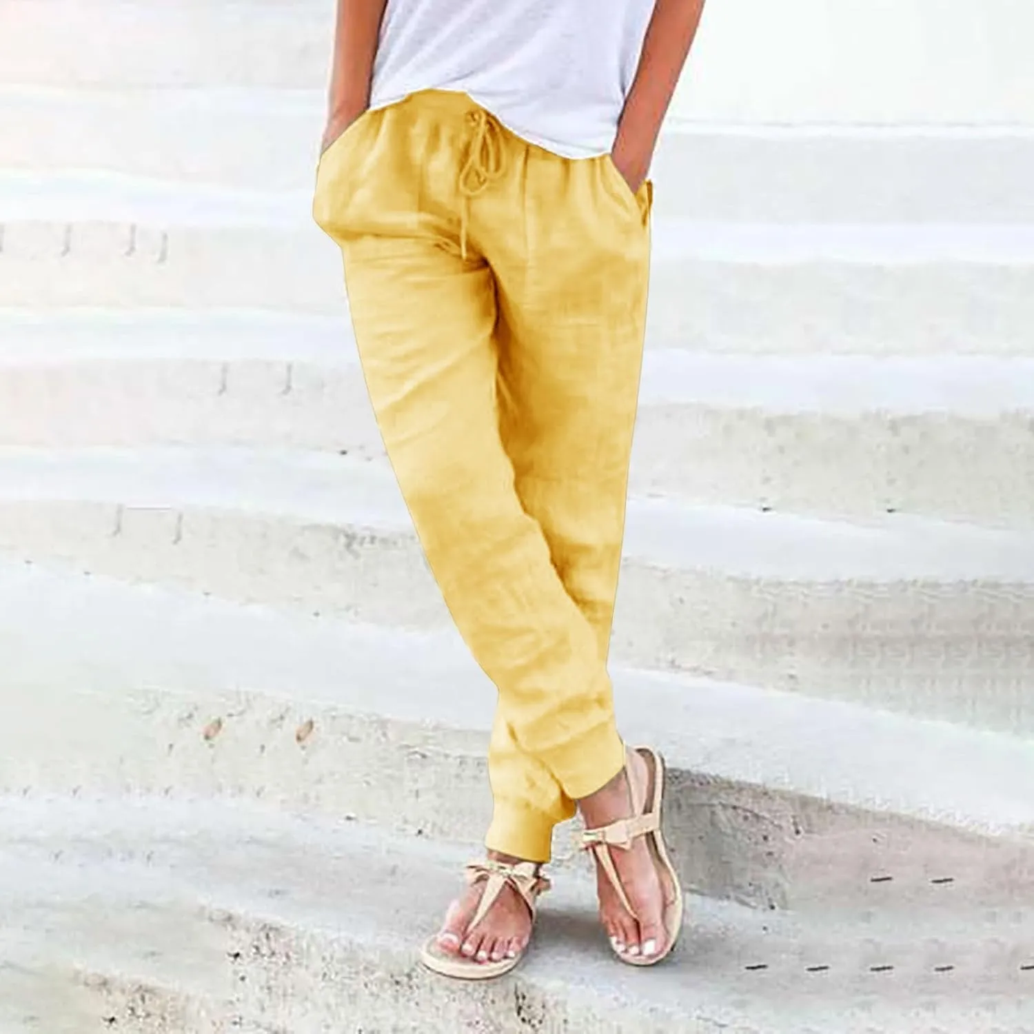 Summer Linen Pants For Women 2024 Pants Straight Leg Beach Pants Drawstring High Waist Comfy Trousers with Pockets