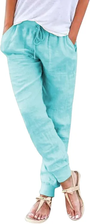 Summer Linen Pants For Women 2024 Pants Straight Leg Beach Pants Drawstring High Waist Comfy Trousers with Pockets