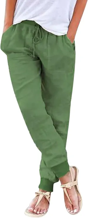 Summer Linen Pants For Women 2024 Pants Straight Leg Beach Pants Drawstring High Waist Comfy Trousers with Pockets