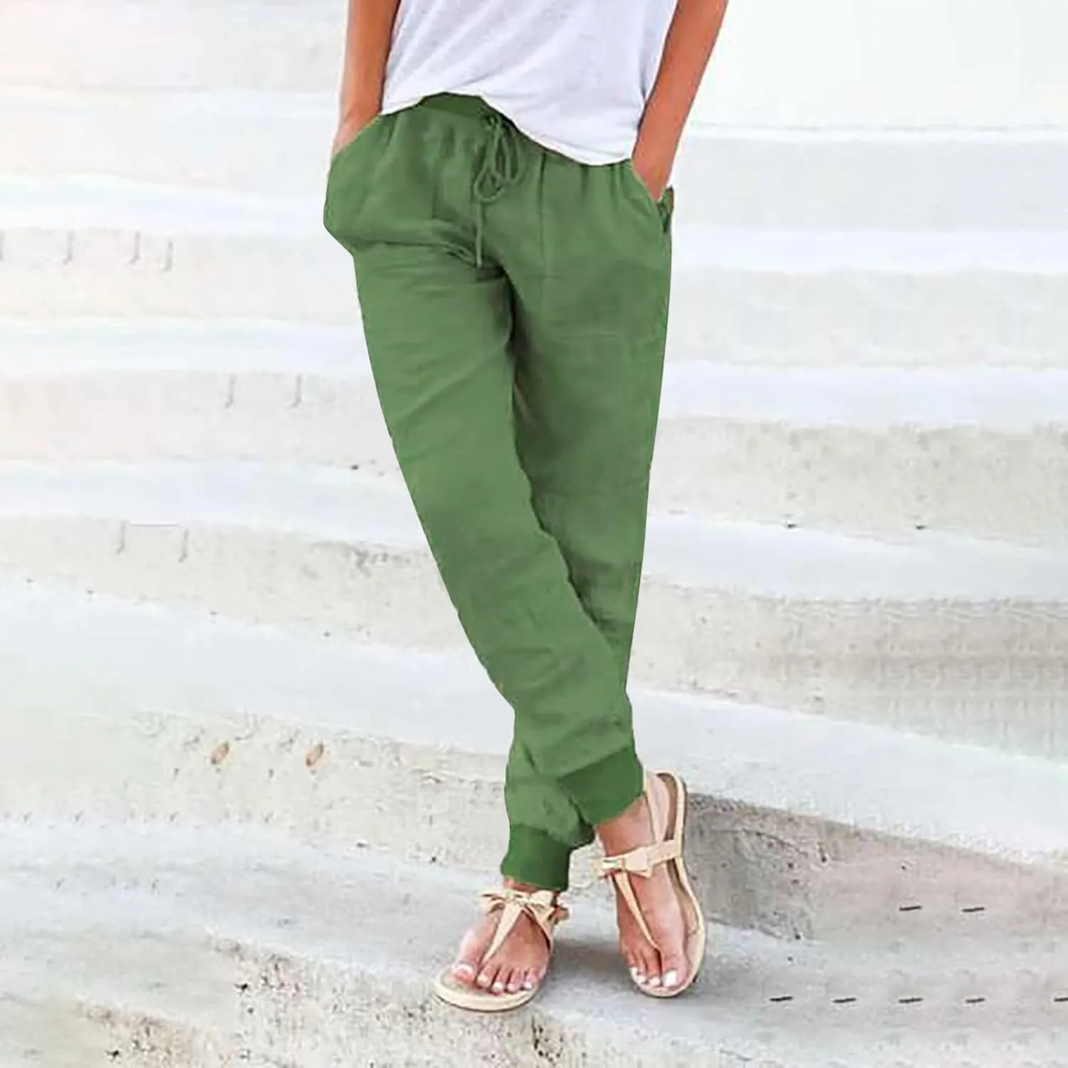 Summer Linen Pants For Women 2024 Pants Straight Leg Beach Pants Drawstring High Waist Comfy Trousers with Pockets