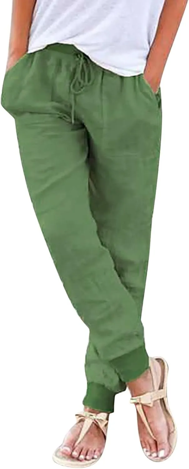 Summer Linen Pants For Women 2024 Pants Straight Leg Beach Pants Drawstring High Waist Comfy Trousers with Pockets
