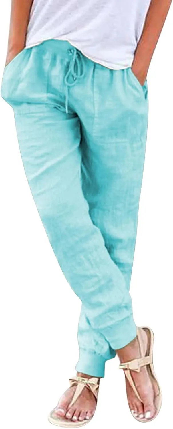 Summer Linen Pants For Women 2024 Pants Straight Leg Beach Pants Drawstring High Waist Comfy Trousers with Pockets