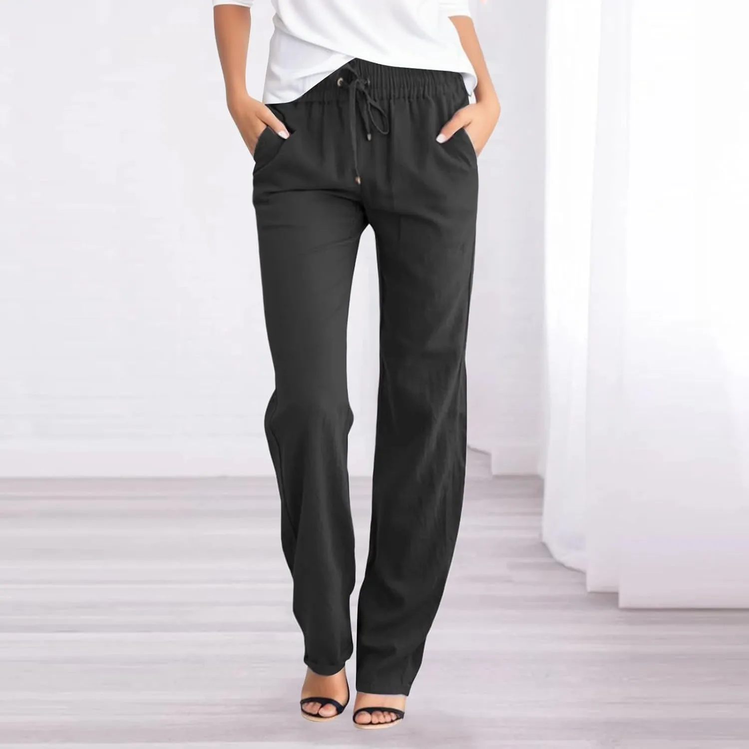 Summer Linen Pants For Women 2024 Trousers With Pockets Casual Drawstring Elastic Waist Lounge Vacation Sweatpants