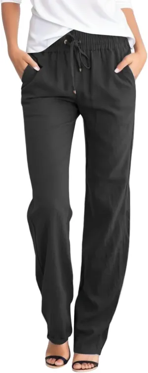 Summer Linen Pants For Women 2024 Trousers With Pockets Casual Drawstring Elastic Waist Lounge Vacation Sweatpants