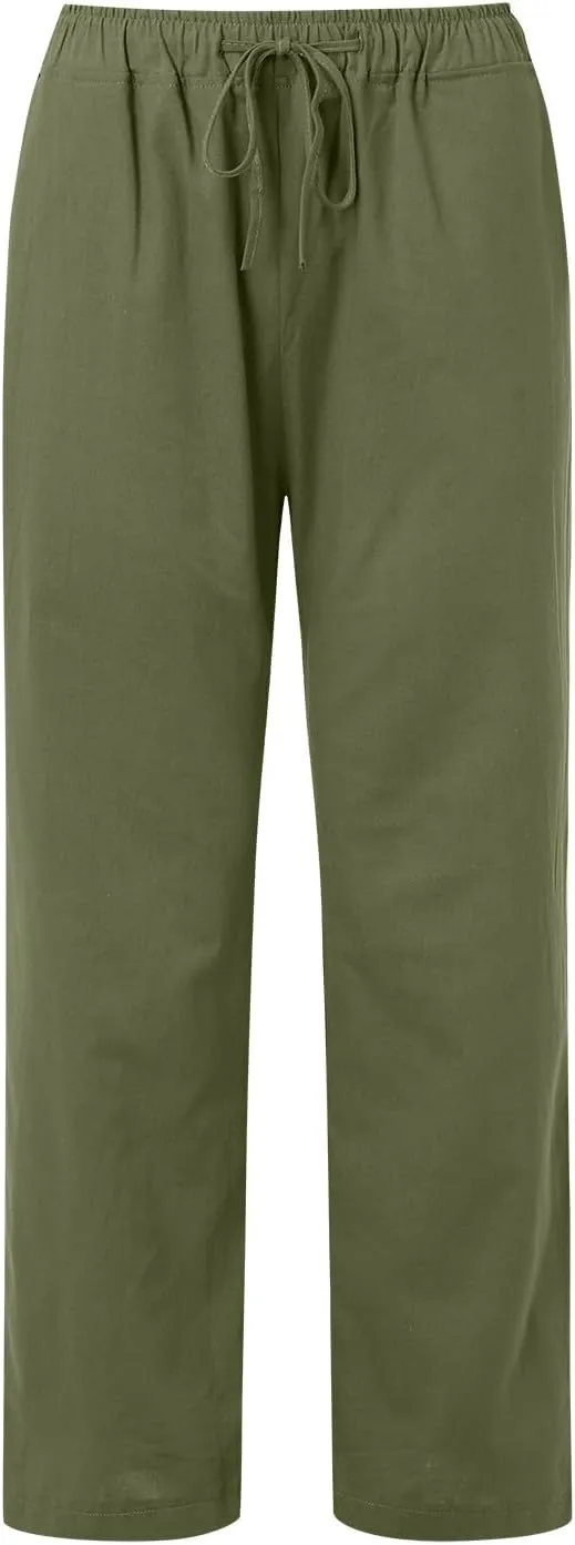 Summer Linen Pants for Womens 2025 Wide Leg Baggy Drawstring Elastic Waisted Palazzo Harem Trousers with Pockets