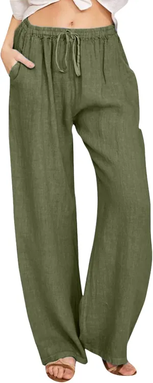 Summer Linen Pants for Womens 2025 Wide Leg Baggy Drawstring Elastic Waisted Palazzo Harem Trousers with Pockets