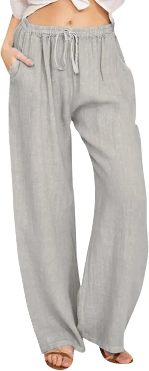 Summer Linen Pants for Womens 2025 Wide Leg Baggy Drawstring Elastic Waisted Palazzo Harem Trousers with Pockets