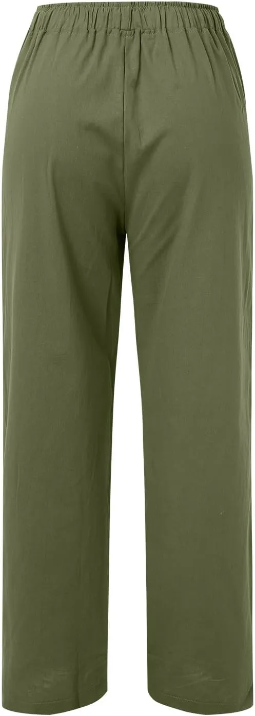 Summer Linen Pants for Womens 2025 Wide Leg Baggy Drawstring Elastic Waisted Palazzo Harem Trousers with Pockets