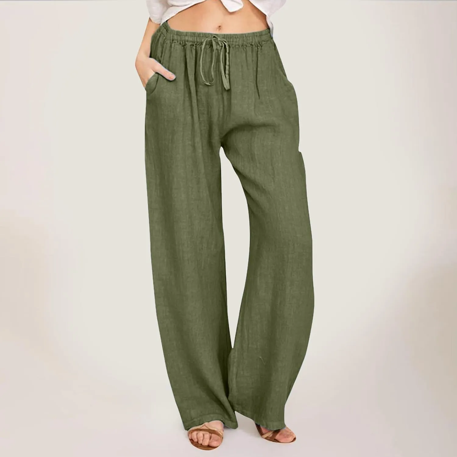 Summer Linen Pants for Womens 2025 Wide Leg Baggy Drawstring Elastic Waisted Palazzo Harem Trousers with Pockets