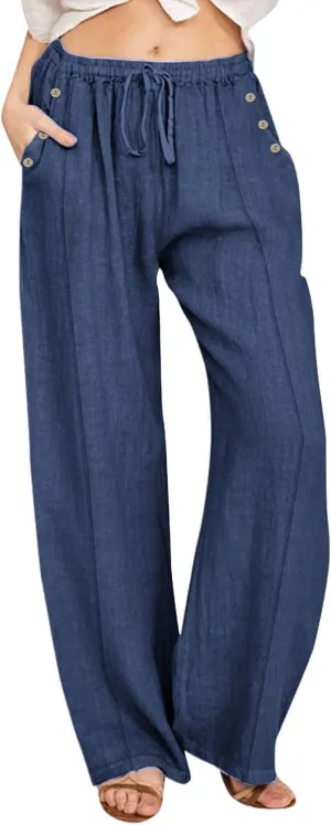 Summer Wide Leg Pants for Women Lightweight Cotton Linen Pant Button Solid Drawstring Elastic Waist Pants with Pockets