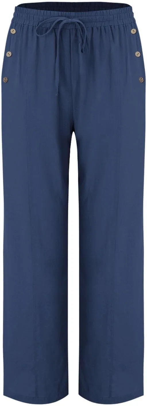 Summer Wide Leg Pants for Women Lightweight Cotton Linen Pant Button Solid Drawstring Elastic Waist Pants with Pockets