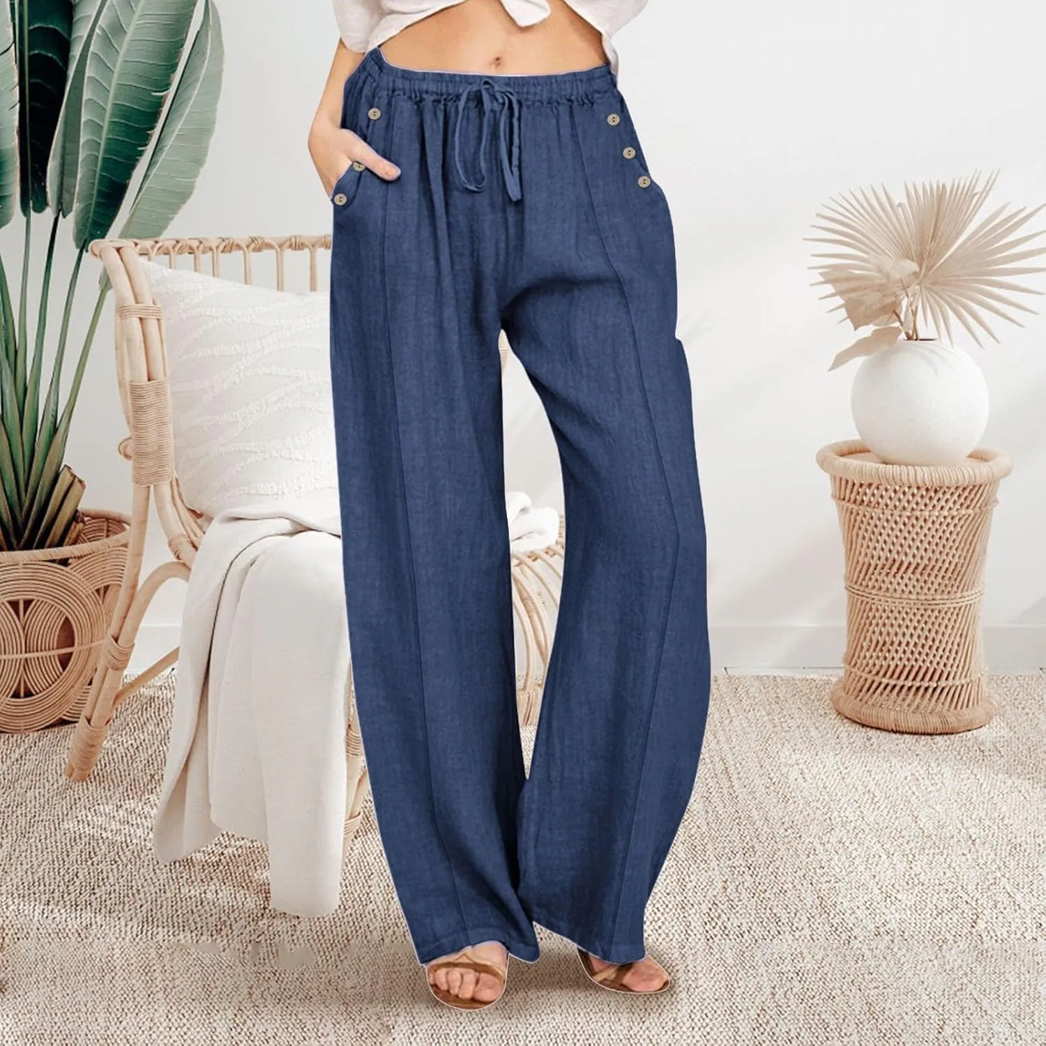 Summer Wide Leg Pants for Women Lightweight Cotton Linen Pant Button Solid Drawstring Elastic Waist Pants with Pockets
