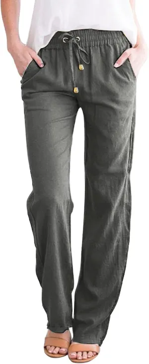 Summer Womens Linen Pants Cotton Wide Leg Casual Loose Drawstring High Waist Palazzo Pants Trousers with Pockets