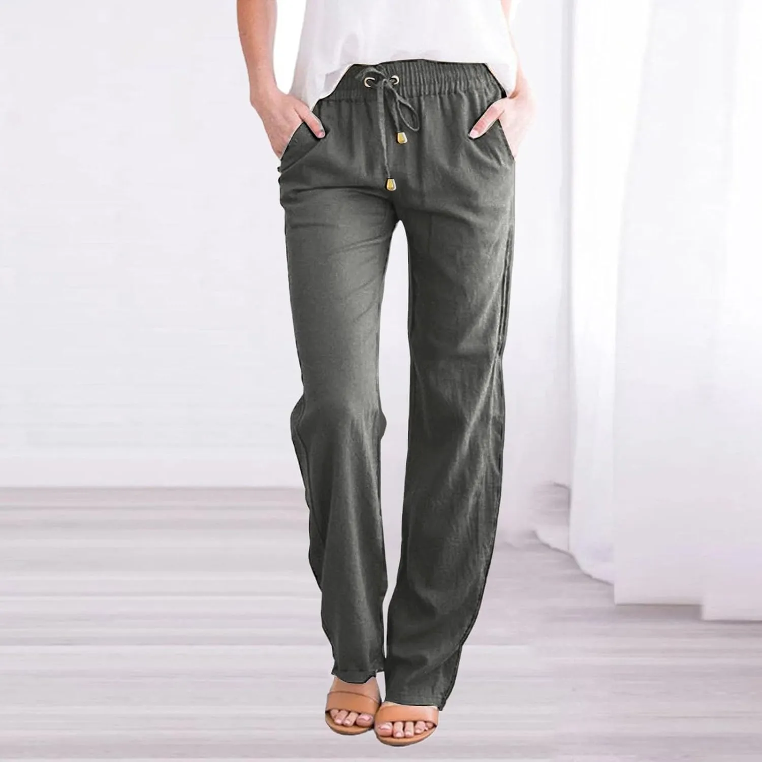 Summer Womens Linen Pants Cotton Wide Leg Casual Loose Drawstring High Waist Palazzo Pants Trousers with Pockets