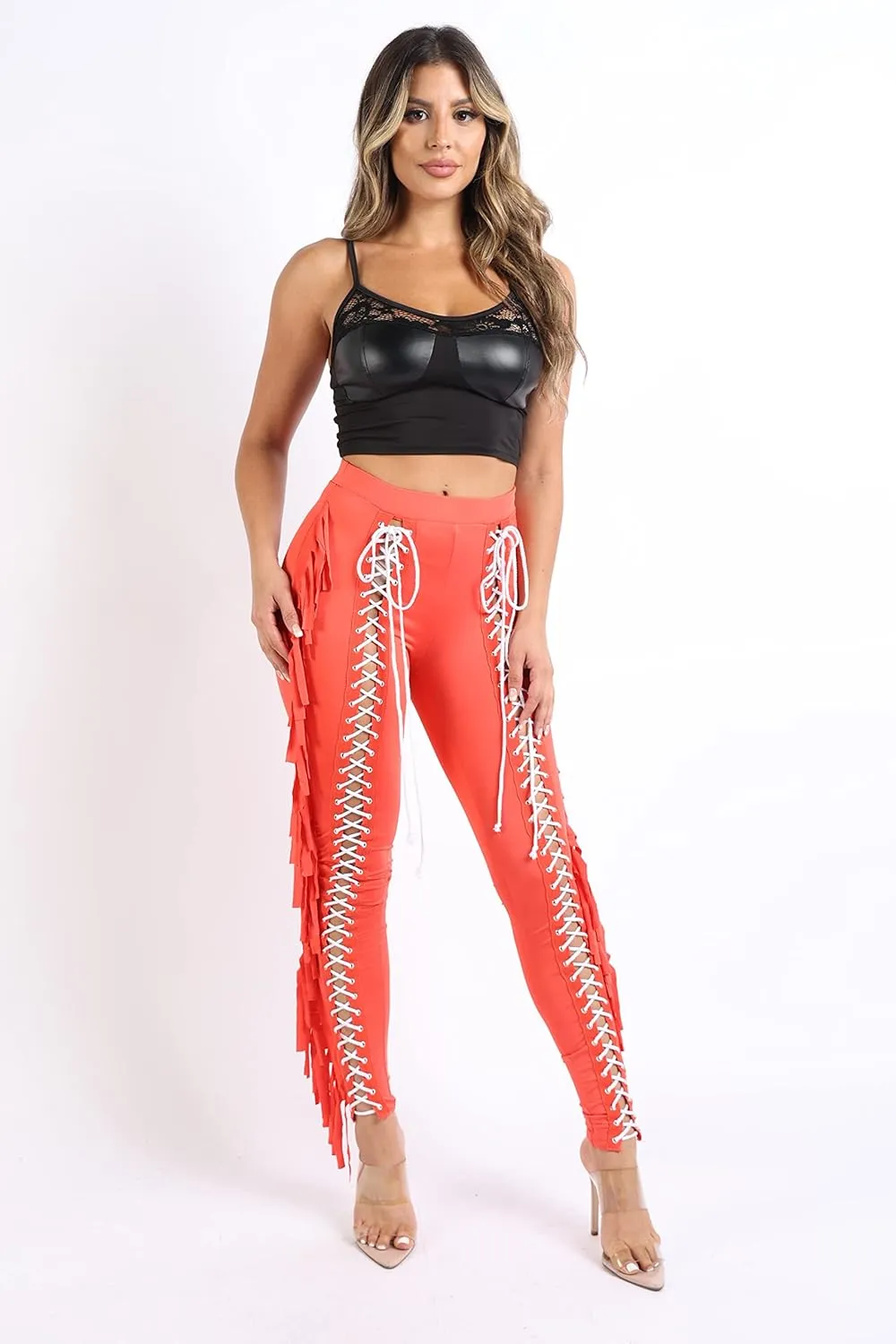 TOO HOT FASHIONS Women's Lace Up Pants High Waist Leggings Trousers Tights Skinny Stretch and Fit Curves Perfectly