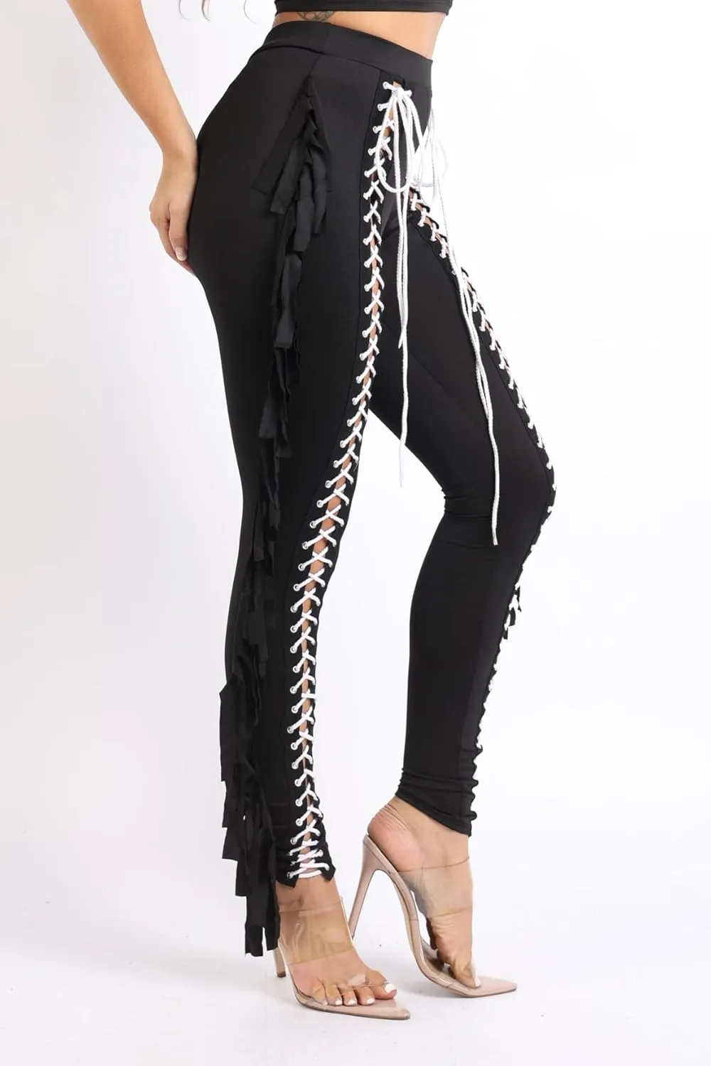 TOO HOT FASHIONS Women's Lace Up Pants High Waist Leggings Trousers Tights Skinny Stretch and Fit Curves Perfectly