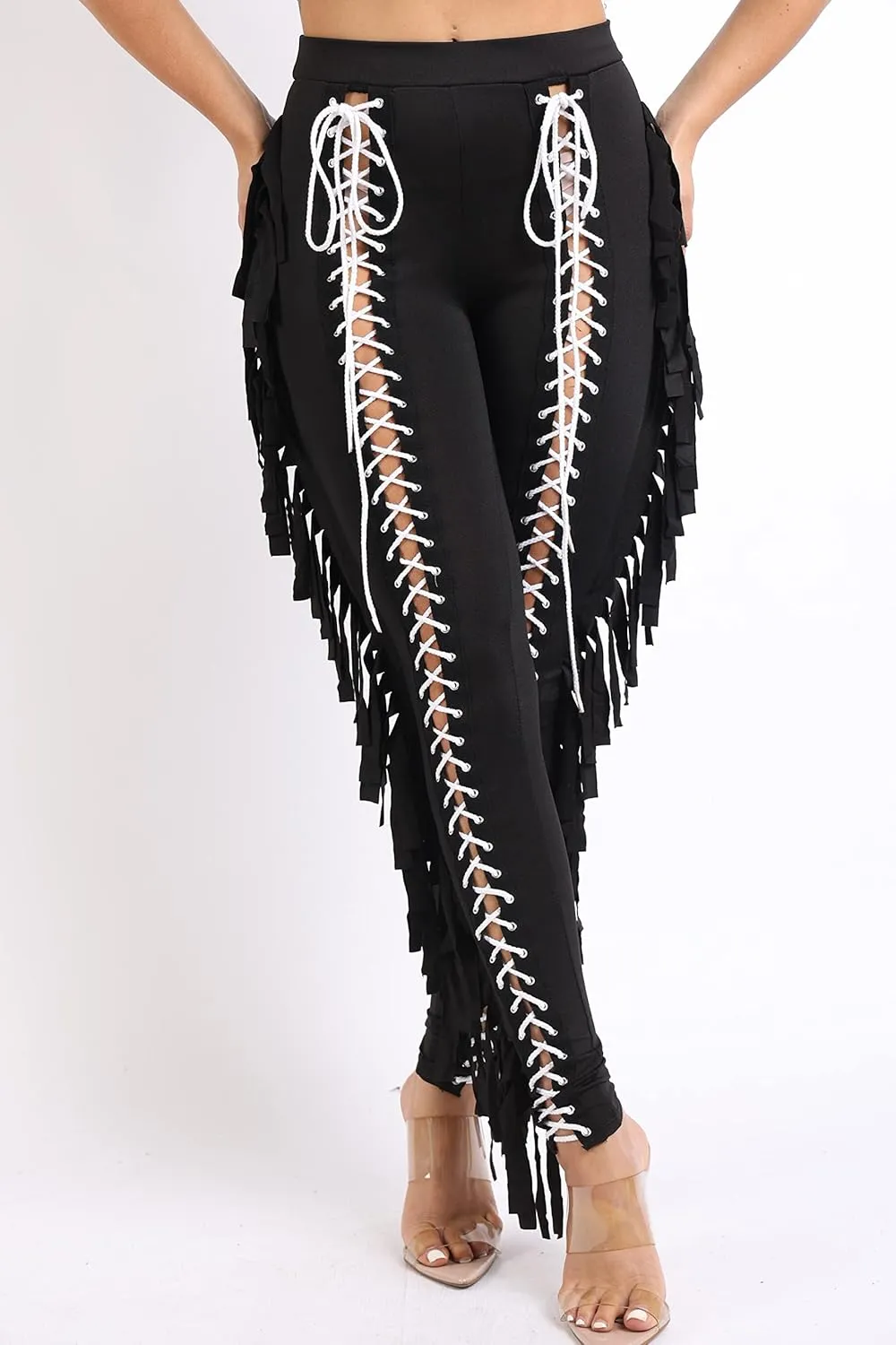 TOO HOT FASHIONS Women's Lace Up Pants High Waist Leggings Trousers Tights Skinny Stretch and Fit Curves Perfectly