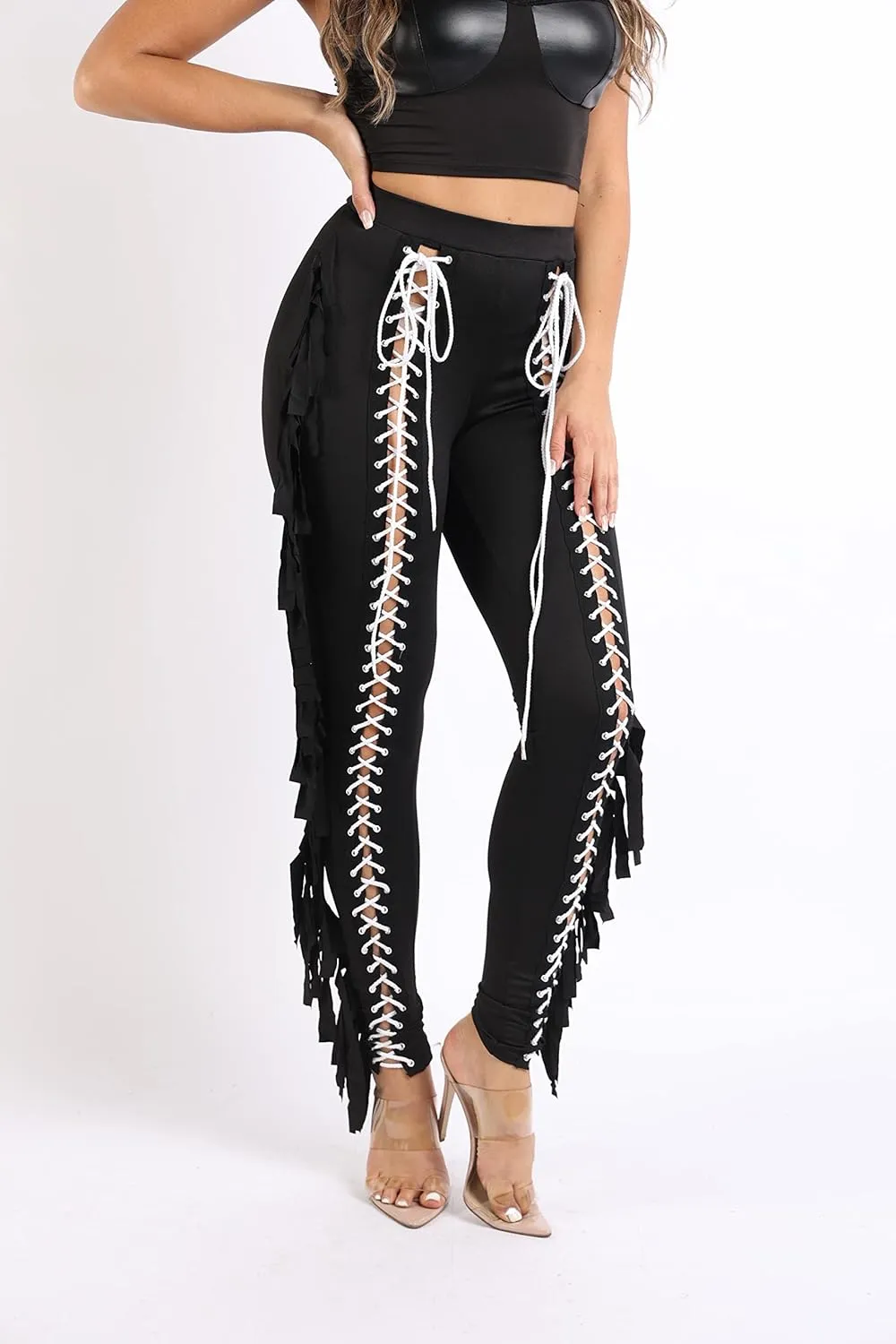 TOO HOT FASHIONS Women's Lace Up Pants High Waist Leggings Trousers Tights Skinny Stretch and Fit Curves Perfectly