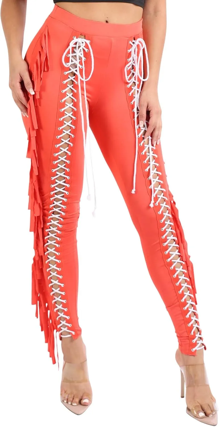 TOO HOT FASHIONS Women's Lace Up Pants High Waist Leggings Trousers Tights Skinny Stretch and Fit Curves Perfectly