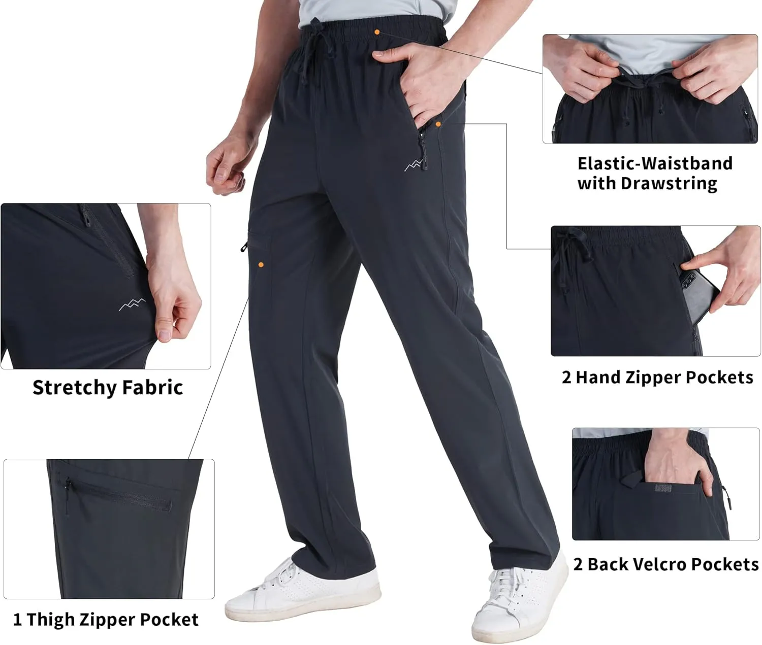 TRAILSIDE SUPPLY CO. Mens Lightweight Track Pants,Stretchy Pants with Zipper Pockets