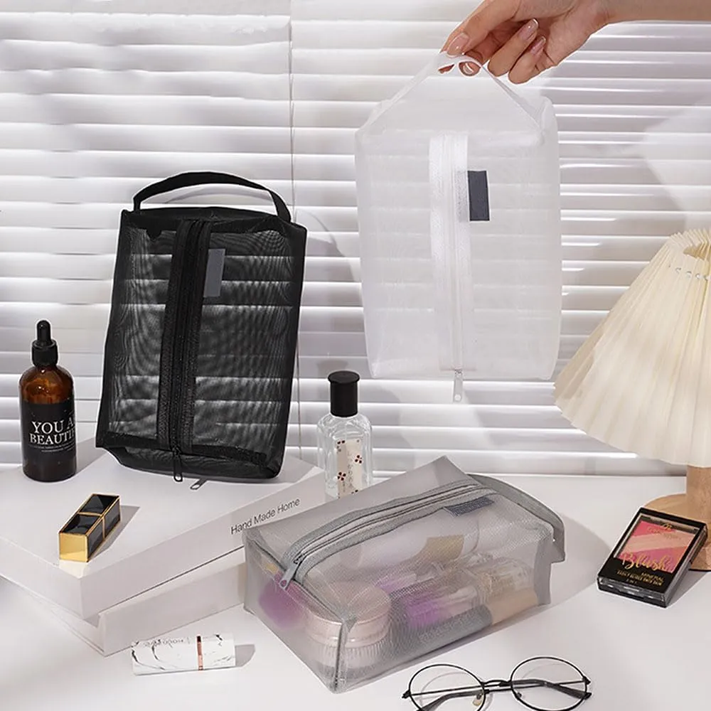 Travel Cosmetic Bag Large Makeup Bag Portable Mesh Makeup Bag with Zipper Breathable Mesh for Accessories Organizer (White)