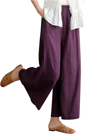 Uillui Women's Cotton Linen Summer Palazzo Pants Flowy Loose Elastic Waist Trousers Cropped Wide Leg Lounge Pant with Pocket