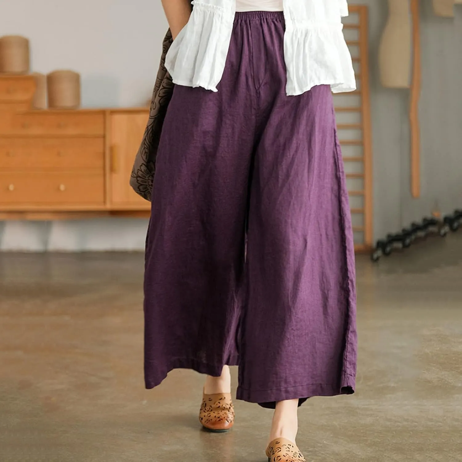 Uillui Women's Cotton Linen Summer Palazzo Pants Flowy Loose Elastic Waist Trousers Cropped Wide Leg Lounge Pant with Pocket